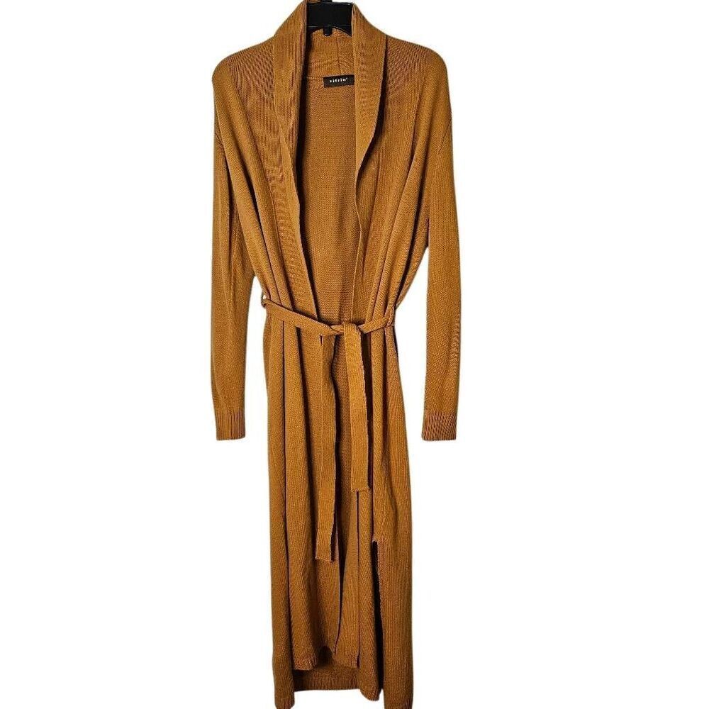 Vitrin long cardigan, belted, mustard color. M.